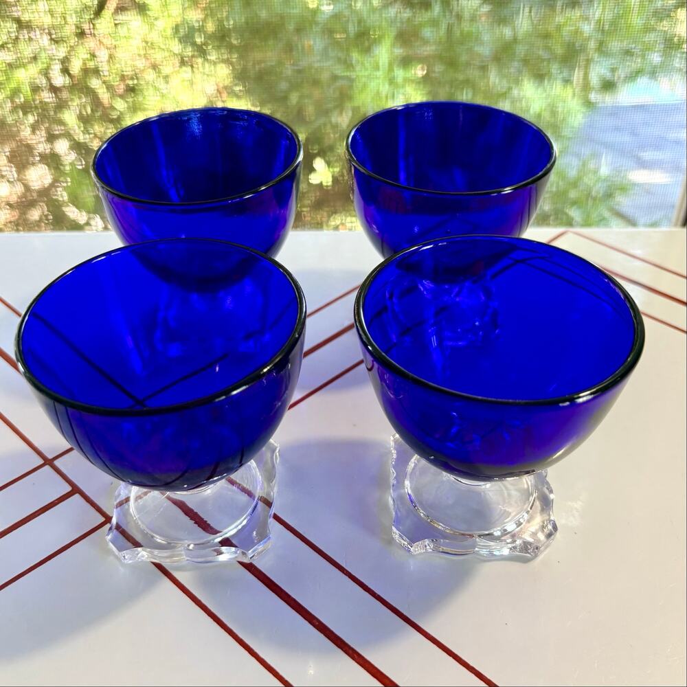 Vintage Cobalt Blue Sherbet Glasses Set of 4 Clear Pedestal Dessert Cups